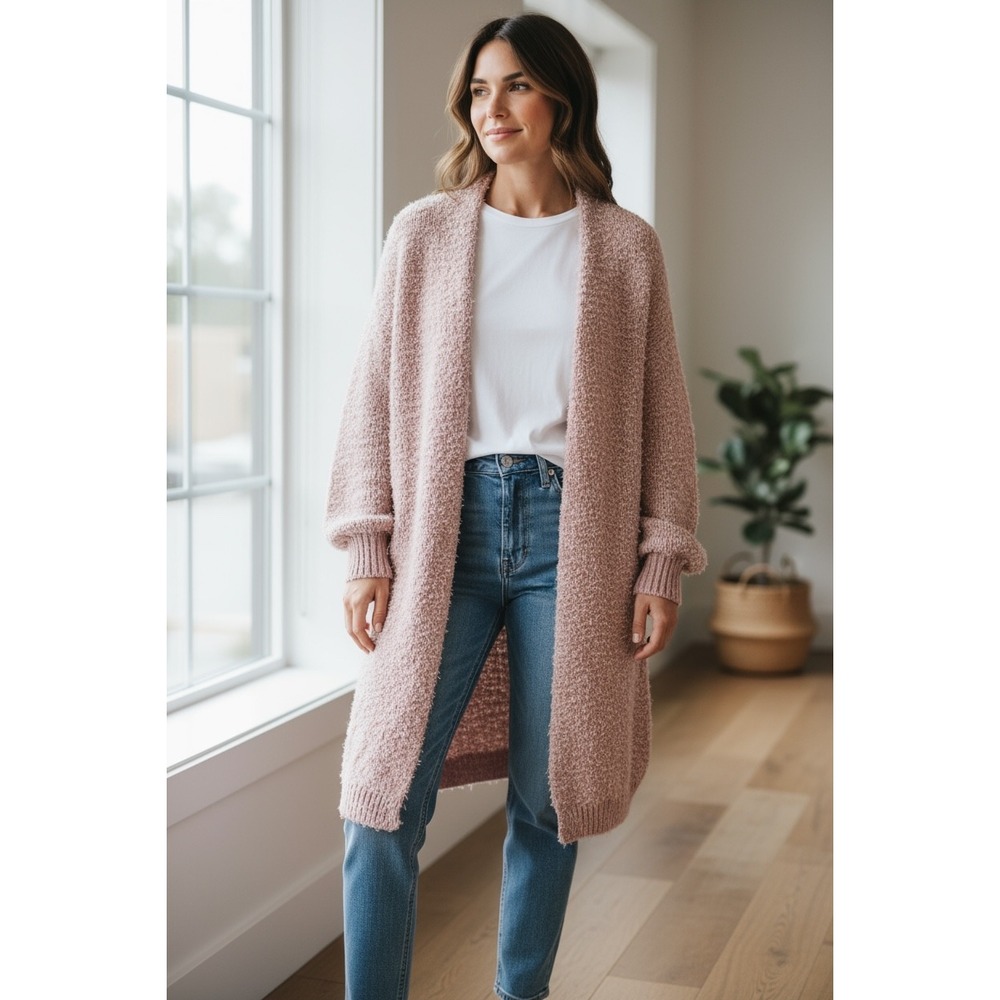 UMGEE‎ USA Women's Pink Boucle Knit Long Cardigan Sweater Open Front Size L